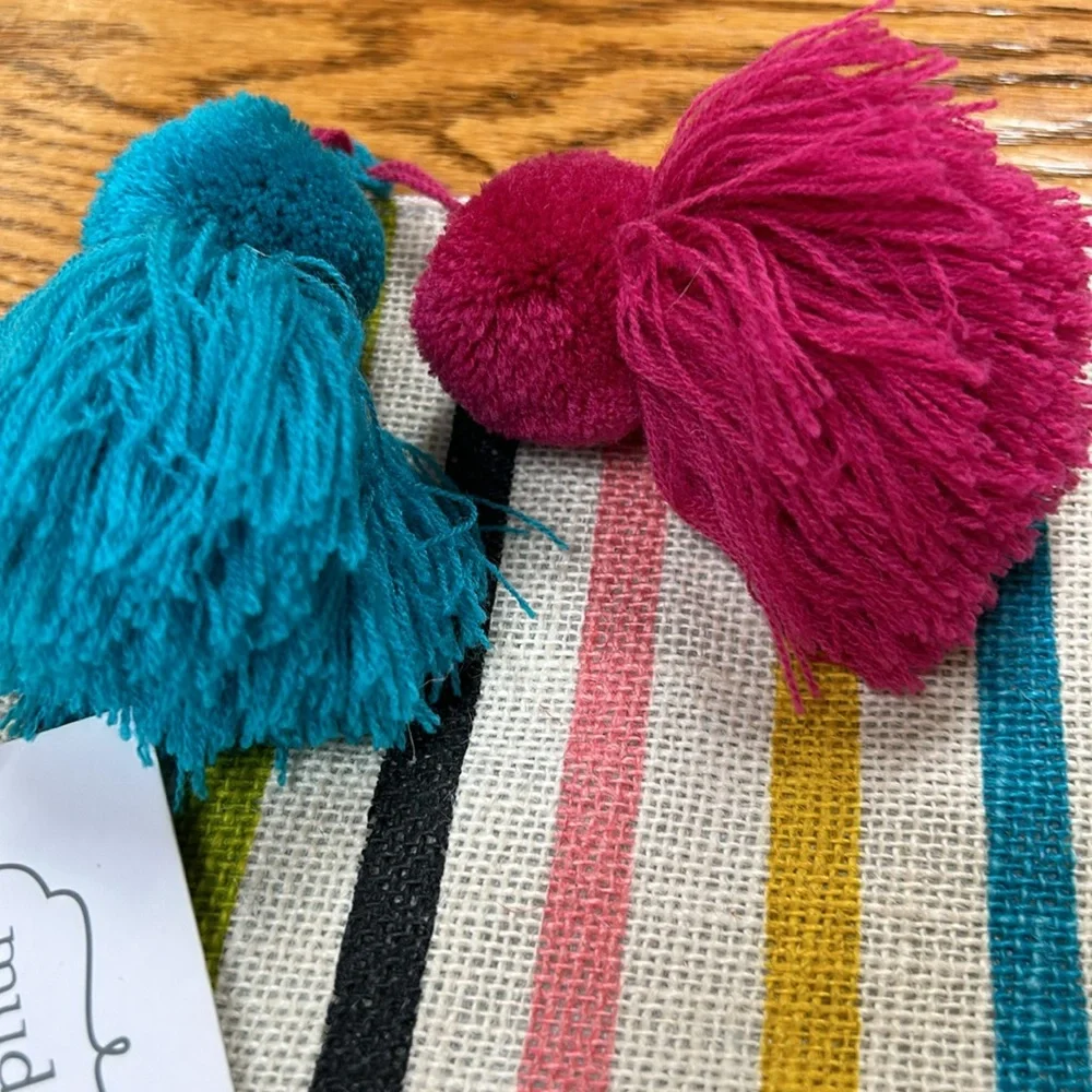 Mud Pie new with tag striped jute bag. Green, pink, black gold. Pompom tassles.